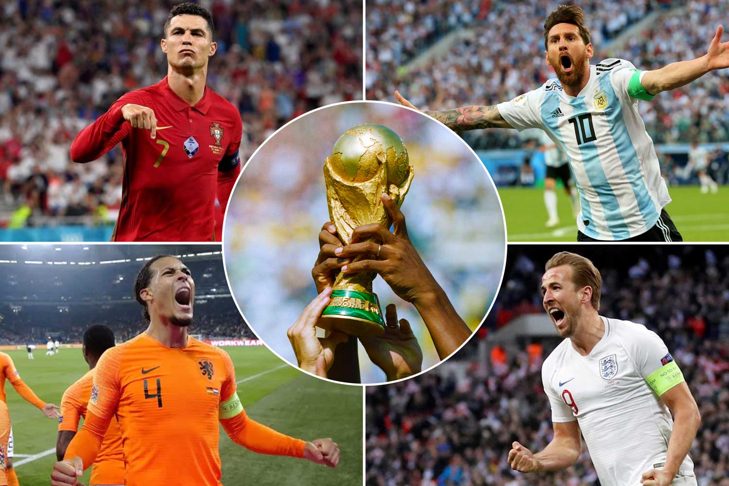 Qatar World Cup Fantasy star players. Messi, Ronaldo, Kane and Van Dijk.